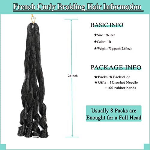 French Curl Braiding Hair 8packs, 26inch 1B Curly Braiding Hair Pre Stretched for Goddess Box Braids Crochet Hair, Bounce Curl Loose Wave Braids Curly End Crochet Hair for Black Women - Image 2