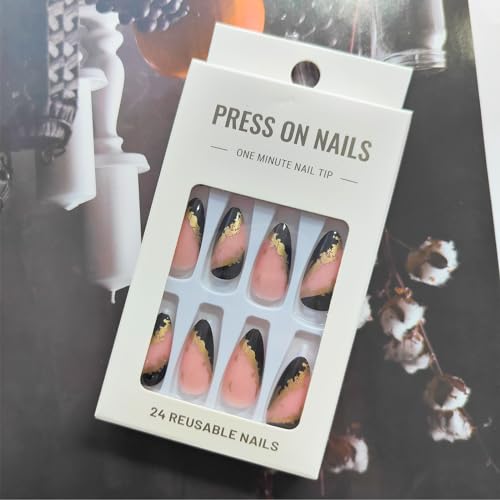 Black French Tip Press on Nails Medium Almond Fake Nails Glossy Full Cover Acrylic Nails with Gold Foil Designs Nude Pink Stiletto False Nails Full Cover Glue on Nails for Women Girls 24Pcs - Image 4