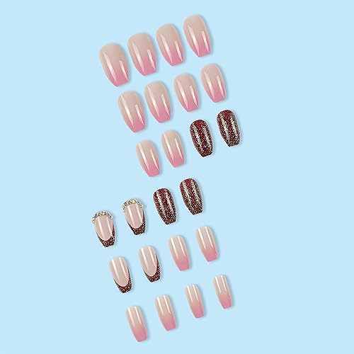Diduikalor French Red Tip Press On Nails Medium Coffin Fake Nails Gold Fine Sparkle With Diamonds False Nails Acrylic Glue On Nails Reusable Stick On Nails For Women 24pcs - Image 3