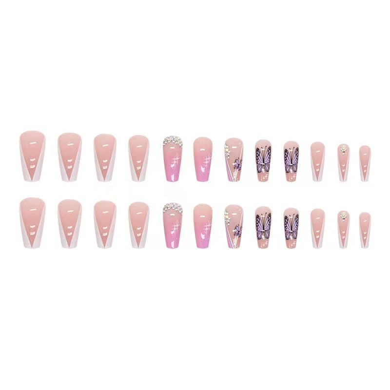Cute Medium Length Square Glitter Glossy Press on Nails with Designs 3D Rhinestone Cute Kawaii Fake Nails 24Pcs for Woman (Medium Square Purple Butterfly White French Rhinestone) - Image 4