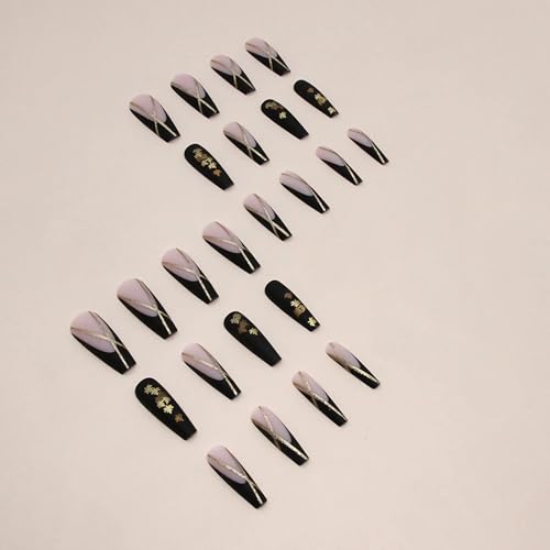 BABALAL Coffin Press on Nails Long Fake Nails Black French Tip Stick on Nails Golden Maple Leaf Acrylic Nails 24Pcs Matte Fall Ballerina Manicure Artificial False Nails for Women and Girls - Image 3