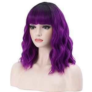 BERON 14-Inch Short Curly Black Purple Ombre Wig with Bangs for Women Girls