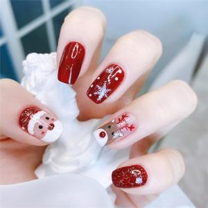 Christmas Press on Nails, Short Christmas Fake Nails with Snowflake Design, Glitter Sequins, Acrylic Nails with Glue on Nails Glossy Acrylic Nails False Nails for Women 24 pcs