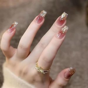Blush Press on Nails with Charms Red Gradient Fake Nails Medium Length Coffin Nails with Designs Shiny False Nails Square Shape Full Cover Acrylic Nails for Women Girls Manicure Nail Decoration
