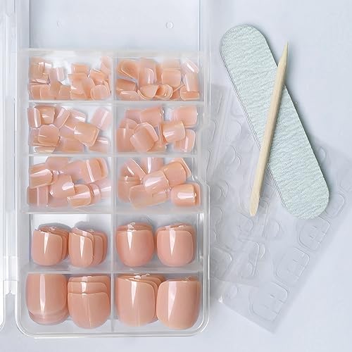 LuckForever Short Press on Toenails 240pc Glossy Nude Skin Press on Toenails Short Square Fake Toe nails Full Cover 10 Nail Adhesive Tabs,Small Wooden Sticks & Nail Files False Toenails for Women - Image 6