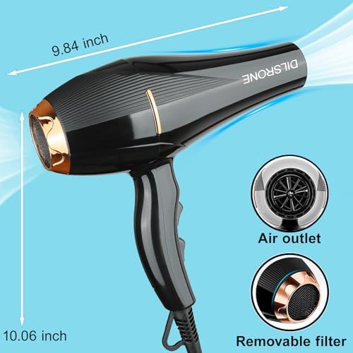 Professional 2200W Ionic Salon Hair Dryer with Diffuser and Attachments, Lightweight Travel AC Motor Constant Temperature Low Noise Curl Care Blow Dryers for Women Men (Black) - Image 3