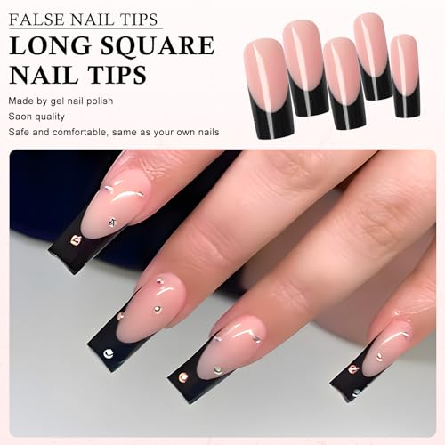 120 Pcs Long Square Glossy Black French Tip Acrylic Press-On Nails Full Cover - Image 3