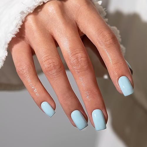30 PCS Press on Nails Medium Short Square Nails,Reusable Light Blue Nails Glue on Nails Press ons,15 Sizes-30 Fake Nails Set Soft Gel Nails,False Nails for Women Girls