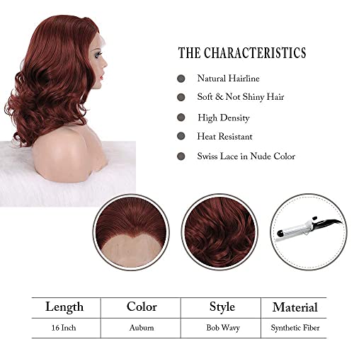 Auburn Bob Wavy Lace Front Wigs Black Widow Short Copper Red Synthetic Wigs Heat Resistant Hair Natural Hairline with Glueless Wig for Cosplay (Copper Red) - Image 6