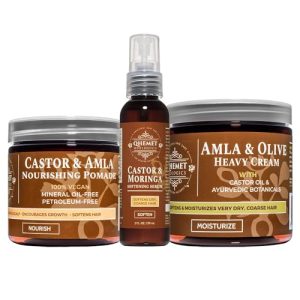 Qhemet Biologics Castor Oil Collection for Maximum Moisture & Growth - Includes Castor & Amla Nourishing Pomade, Amla & Olive Heavy Cream, Castor & Moringa Softening Serum - 3-Piece Haircare Set