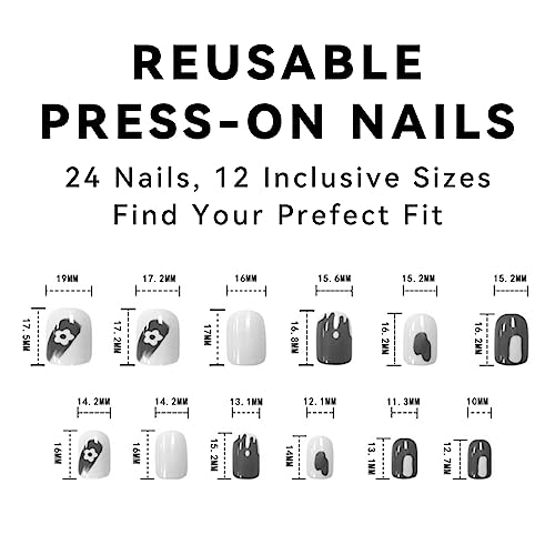 Halloween Short Fake Nails Square Press on Nails Pink Artificial with Black Tips Mysterious Skull Stick on Nails Pattern Quirky Design French Acrylic Holiday Nails Full Cover for Women and Girls 24Pcs - Image 7