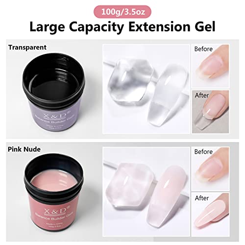 X&D Gel Nail Polish Kit UV Polygel 2 Bottles Quick Dry 100g Natural Clear Color Nail Extension with Nail Forms, Nail File, Acrylic Nail Sable Brush (Transparent & Nude Pink) - Image 2