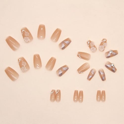 Coffin Press on Nails BrownShort Medium Fake Nails with Acrylic Glue Glue on Nails with Glitter Rhinestone Flower Design Manicure False Nails Women Gel Stick on Nails for Wedding ALSJkk68 - Image 4