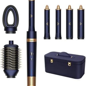 Hair Dryer Brush, Chignon 6 in 1 Hot Air Brush, High-Speed Negative Ionic Hair Dryer and Hair Curling Wand Set with Auto Air-Wrap Curlers for Fast Drying, Curling Drying, Straightening Combing (Blue)