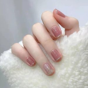 24Pcs Press on Nails Short Round Nails,Gold French Tip Nude Pink Fake Nails with Gold Glitter Acrylic Artificial Glossy Design Glue on Nails Full Cover Stick on Nails for Women Girls Nail Decoration