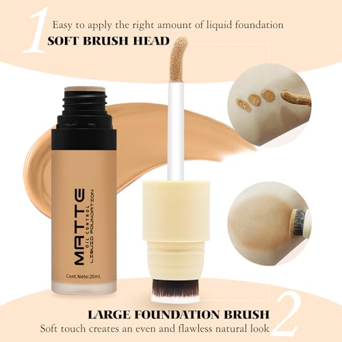 Liquid Foundation Full Coverage Makeup, Dual Ended Face Foundation with Brush, Light Weight Waterproof Powerful Oil Control, Hydrating Foundation & Conceals for All Skin, 05 Sand - Image 2
