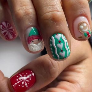 Short Square Acrylic Christmas Press on Nails with Santa Claus Snowflake Design for Women
