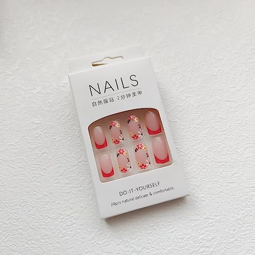 24Pcs Medium Press on Nails Square Fake Nails French Tip Full Cover Glue on Nails with Multicolor Designs Flower False Nails Glossy Pink Acrylic Stick on Nails DIY for Women - Image 3