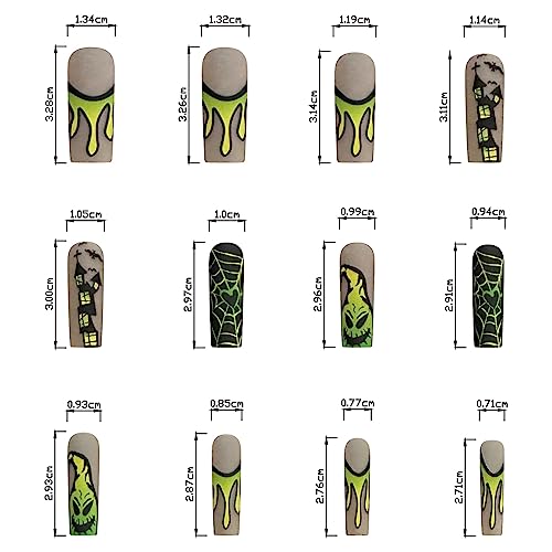Long Fake Nails, Halloween Press on Nails Square Acrylic Nails Matte False Nails French Press on Nails with Ghost Castle Spider Web Flames Designs Yellow Green Gradient Stick on Nails for Women Girls - Image 6