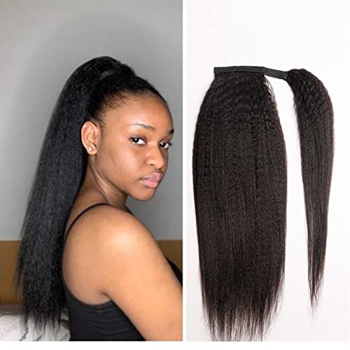 Ponytail Extension 12-26 Inches Kinky Straight Ponytail Human Hair Yaki Straight Ponytail Extension for Black Women Wrap Around Ponytail Hair Piece Natural Black Color Curly Drawstring Ponytail (Colo - Image 3