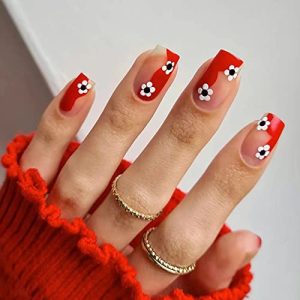Flower Press on Nails Short Fake Nails Acrylic Ballet French Exquisite Red Black Flower Elegant Design adhesive tape on Nails Nails for Women and Girls 24 Pcs