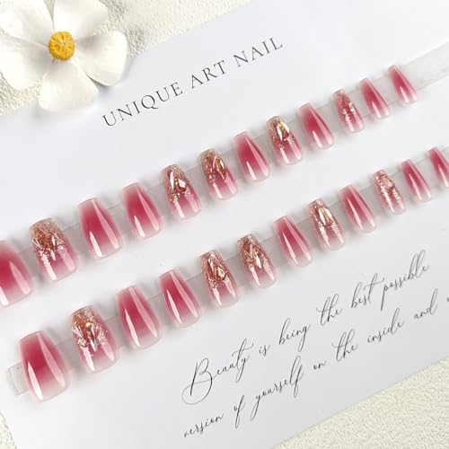 Blush Press on Nails with Charms Red Gradient Fake Nails Medium Length Coffin Nails with Designs Shiny False Nails Square Shape Full Cover Acrylic Nails for Women Girls Manicure Nail Decoration - Image 4