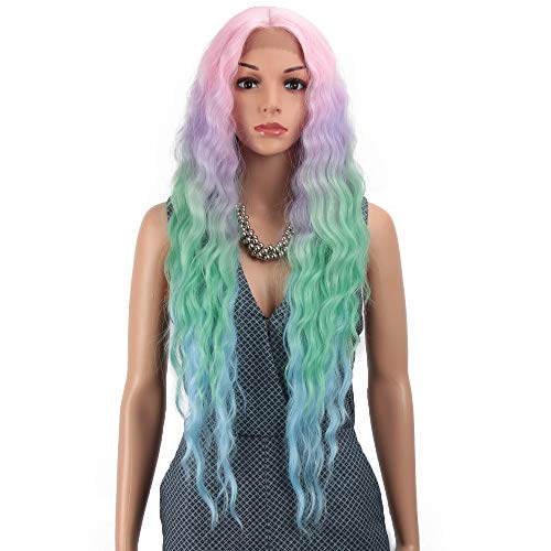 Joedir Lace Front Wigs 30'' Long Wavy Synthetic Wigs For Black Women 130% Density Ombre Rainbow Wigs with Baby Hair(QT PKBL07) - Image 2