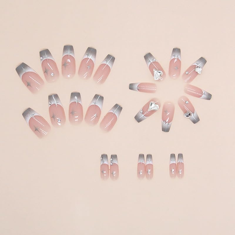 24Pcs Press on Nails Medium-length Kits 12 Sizes French Nail Tip Square Full Cover with Nail Tools,Reusable UV Finish Full Cover Stick on Nails for Women Girls (Smoky Gray Gradient French) - Image 4