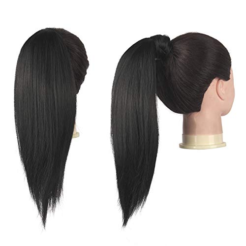 FESHFEN Straight Ponytail Extension 14 inch Natural Long Ponytails Wrap Around Clip in Pony Tail Hair Piece Synthetic Hairpieces for Women Girls, Natural Black - Image 3