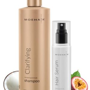 MOEHAIR Clarifying Shampoo - 12 Oz. Fl & Hair Serum - 3.5 Oz | Scalp Detoxifying Shampoo | Eliminates Dirt & Product Build-up | Combats Frizz | Adds Shines & Softens Hair | Paraben & Sulfate Free