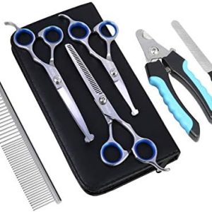 TOPGOOSE Dog Grooming Scissors Set, Safety Round Tip Grooming Tools 6 Pieces Kit for Pet Dogs Cats Full Body - Professional Curved, Thinning, Straight Scissors, Comb, Nail Clipper and Nail File