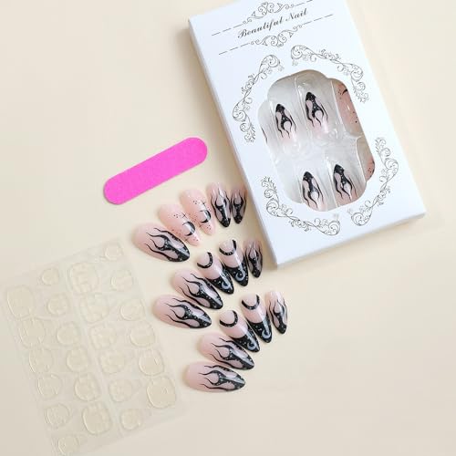 Black Press on Nails Almond Short Medium French Tip Fake Nails with Flame Moon Design Gel Glue on Nails Acrylic False Nails with Glue Manicure Stick on Nail for Wedding Birthday 24Pcs LKU88P - Image 3