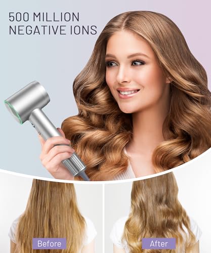 Hair Dryer - 150000 RPM High-Speed Brushless Motor Negative Ionic Blow Dryer for Fast Drying, Low Noise Thermo-Control Hair Dryer with Diffuser and Nozzle, Silvery - Image 6