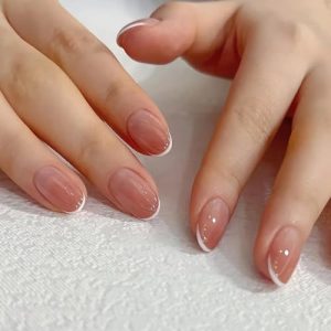 Short Almond Press on Nails, Classic French Tip Gel Acrylic Fake Nails,Gradient Pink Artificial False Nails with Double Side Adhesive Tabs for Women & Girls (24pcs)