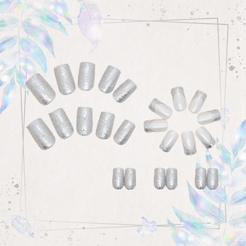 24 PCS French Tip Press on Nails Medium Square Fake Nails Silver Glitter Full Cover Glue on Nails Bling Sequins False Nails Reusable Artificial Nails for Women DIY Manicure Decoration Stick on Nails - Image 3