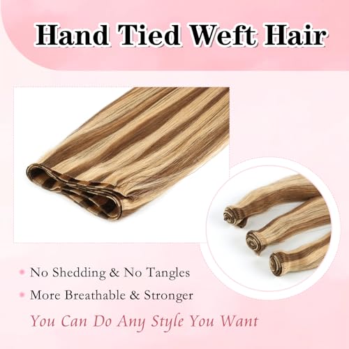 ABH AMAZINGBEAUTY HAIR Weft Hair Extensions Human Hair Sew in Highlighted Hand Tied Weft Hair Extensions Remy Human Hair 50 Gram, Chocolate Brown With Caramel Blonde Highlights Color P4-27, 18 Inch - Image 2