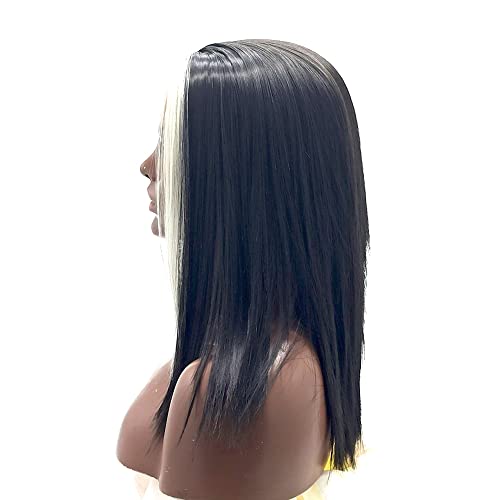 xiweiya Long Black Mixed White Highlight Lace Frontal Wig Mermaid Long Soft Straight Hair Middle Part Heat Resistant Fiber Hair Replacement Lace Wig for Women Drag Queen Party 18 Inch - Image 3