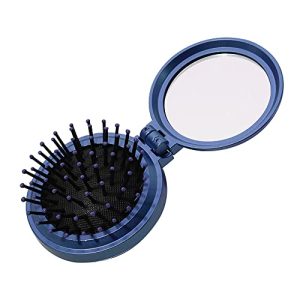 1st Choice Dark Blue Folding Hair Brush with Mirror, Compact Round Massage Comb for Travel, Small Size