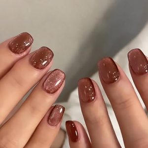 Cat Eye Press on Nails Short Square SWEKKE Fake Nails Full Cover Wine Red Flash False Nails with Nail Glue Fall Winter Glossy Stick on Nails Solid Color Acrylic Artificial Nails for Women Girls 24Pcs