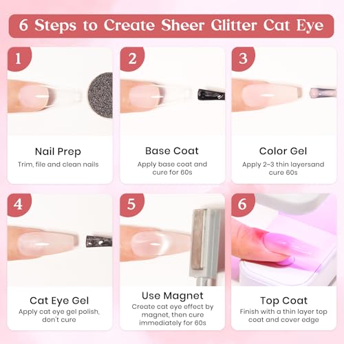 MIZHSE Jelly Gel Nail Polish Set with Classic Cateye Gel Nail Polish Gold Sliver, Translucent Nude Pink Brown Basic Colors with Glitter Cat Eye Gel and Magnet, Soak Off Nail Salon Home Manicure Gift - Image 7