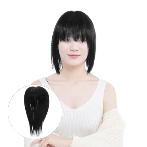 NOLITOY Invisible Human Toppers Women Clip In Toppers with Bangs Fringe Straight Bangs Women Wiglets Hairpieces for Thinning Cover Black - Image 3