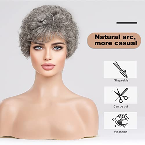 HAIRCUBE Short Silver Gray Wavy Curly Synthetic Wig for Women with Bangs - Medium Size - Image 5