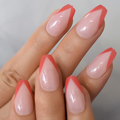 Short Coffin Red Color French V Shape Press On Nails Uv Gel Fingernails Salons At Home Glossy Nails Red Top Artificial Manicure With 24 Pcs Adhesive Sticker Tabs Woody Stick Mini File Daily Wear - Image 3