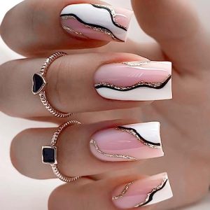 Press on Nails Medium Length Pink and White Fake Nails with Sparkly Gold Swirl Designs Square False Nails with Glue and Adhesive Tabs, Acrylic Artificial Nails for Women Girls 24pcs