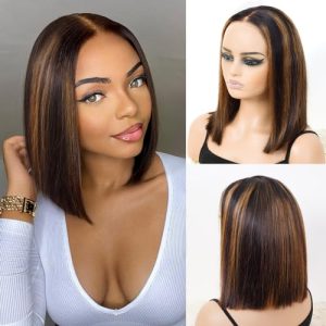 RECOOL Bob Wig Human Hair 5x6 Lace Front Straight Short Wigs Glueless Brazilian Virgin Human Hair Bleached Knots Wear And Go Pre Plucked with Baby Hair for Black Women Blonde Highlight Color 10inch