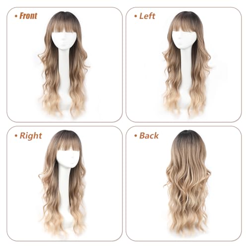 Brown Wig with Bangs Long Wavy Wig with Dark Roots for Women Curly Wavy Wig Synthetic Fiber Natural Looking Hair Replacement Wig for Daily Cosplay Party Use 26 Inches - Image 2