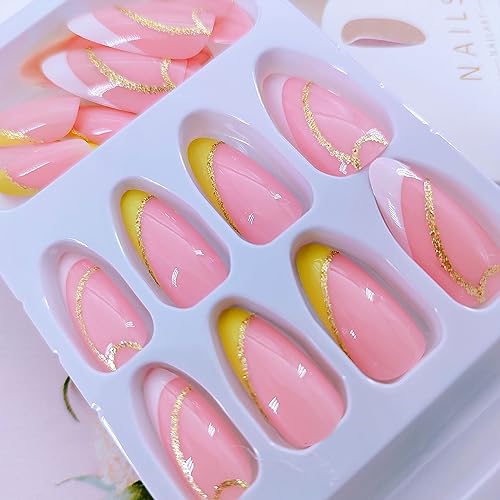 Almond Press on Nails Medium - Lemon Yellow & White French Tip Fake Nails Press ons, Golden Line Design Glue on Nails Pink Full Cover Glossy Acrylic Nails for Women 24 Pcs - Image 3