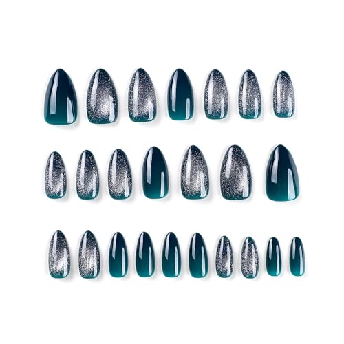 Medium Press On Nails Almond Fake Nails With Blue White Cat Eyes Designs Reuseable False Nails Acrylic Nails Press Ons Full Cover Glue On Nails Artificial Glossy Stick On Nails For Women - Image 4