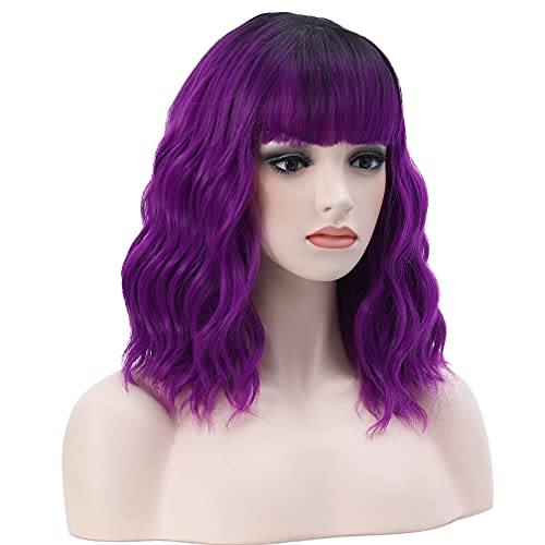 BERON 14-Inch Short Curly Black Purple Ombre Wig with Bangs for Women Girls - Image 3