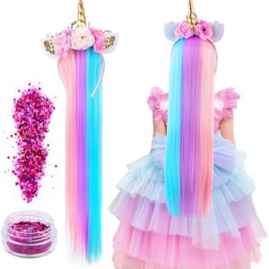 Girls Unicorn Headband with Glitter Wig and Integrated Hair for Parties